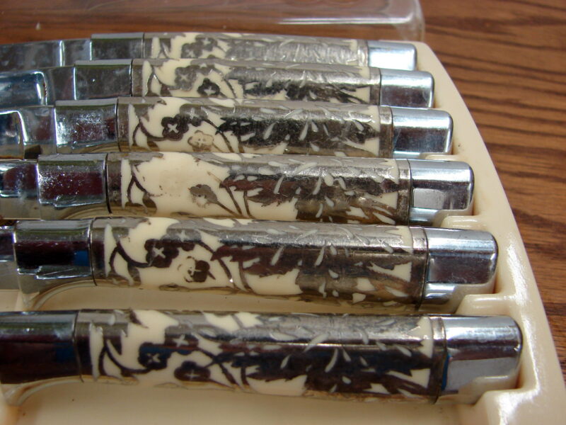 Vintage Set/6 Briddel Carvel Hall Silver Overlay Steak Knives in Box, Moose-R-Us.Com Log Cabin Decor