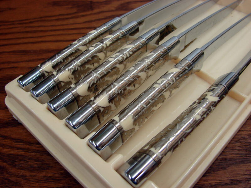 Vintage Set/6 Briddel Carvel Hall Silver Overlay Steak Knives in Box, Moose-R-Us.Com Log Cabin Decor