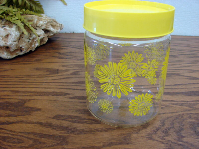 Vintage Corning Clear Glass Canister Yellow Daisy Sunflowers, Moose-R-Us.Com Log Cabin Decor