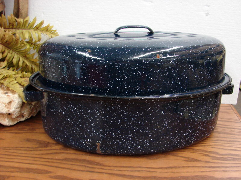 Antique Enamelware Savory Roasting Blue Fleck Enamel Roaster Large, Moose-R-Us.Com Log Cabin Decor