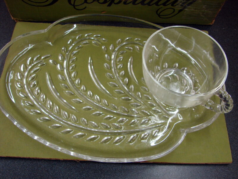 Two Vintage Federal Glass Company Hospitality Snack Set 8 Cups 8 Plates, Moose-R-Us.Com Log Cabin Decor