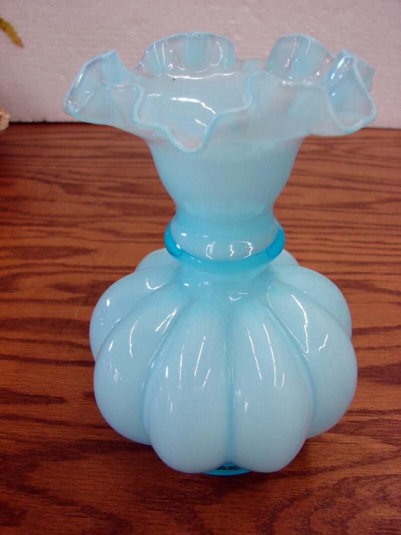 Vintage Fenton Light Blue Frosted Melon Ruffle Top Vase, Moose-R-Us.Com Log Cabin Decor