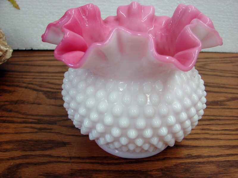 Vintage Fenton White Milk Glass Hobnail Peach Blow Ruffle Top Vase, Moose-R-Us.Com Log Cabin Decor