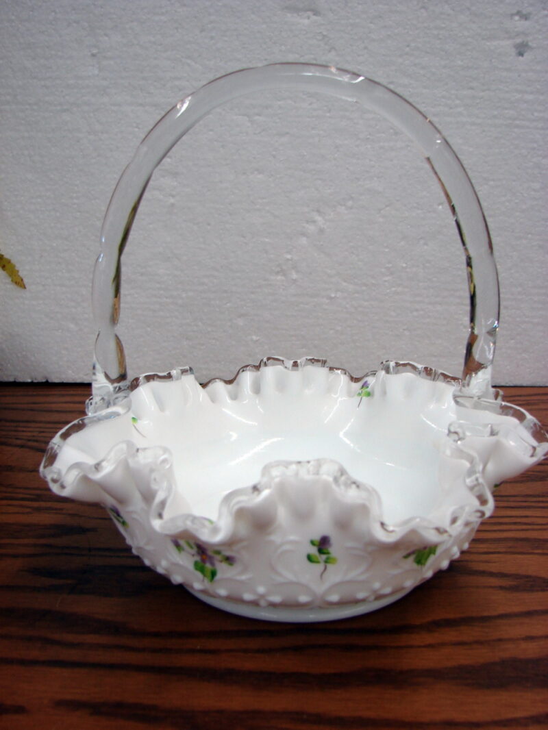 Vintage Fenton Hand Painted Violets in the Snow Spanish Lace Silver Crest Basket, Moose-R-Us.Com Log Cabin Decor