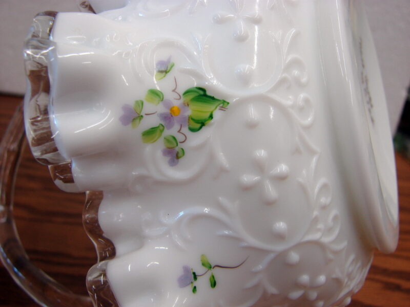 Vintage Fenton Hand Painted Violets in the Snow Spanish Lace Silver Crest Basket, Moose-R-Us.Com Log Cabin Decor