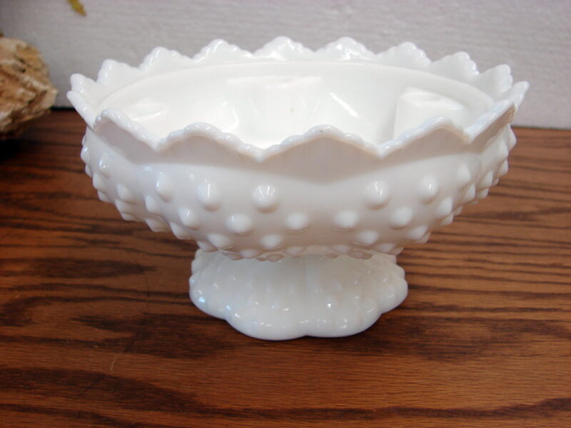 Vintage Fenton White Milk Glass Hobnail Pedestal Candle Bowl, Moose-R-Us.Com Log Cabin Decor