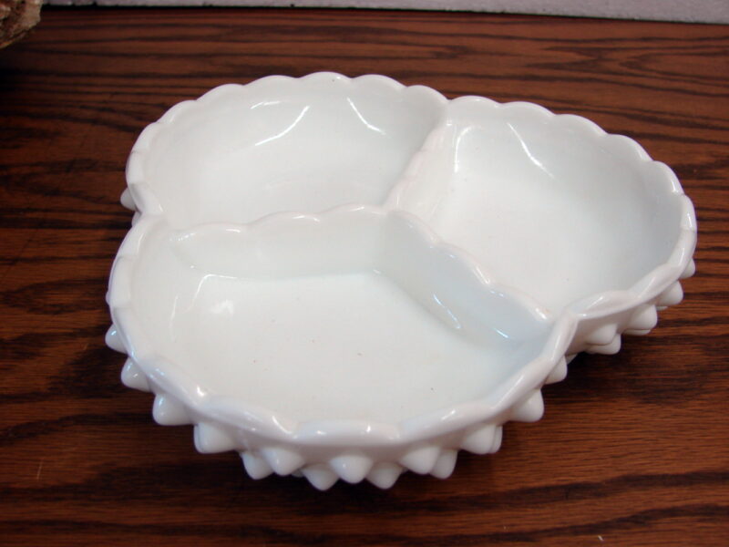 Vintage Fenton White Milk Glass Hobnail Triple Divided Relish Dish, Moose-R-Us.Com Log Cabin Decor