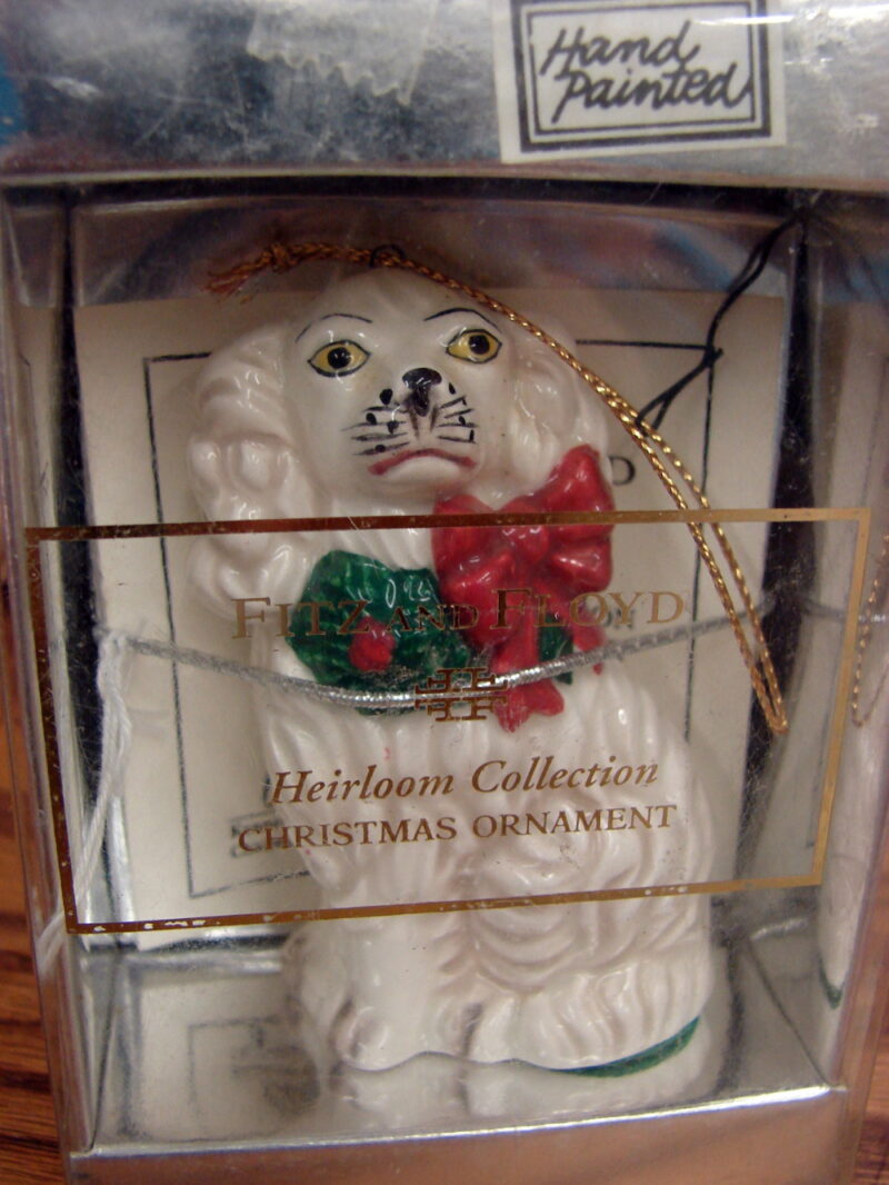 Vintage Fritz and Floyd Staffordshire Dog Ornament New in Box, Moose-R-Us.Com Log Cabin Decor