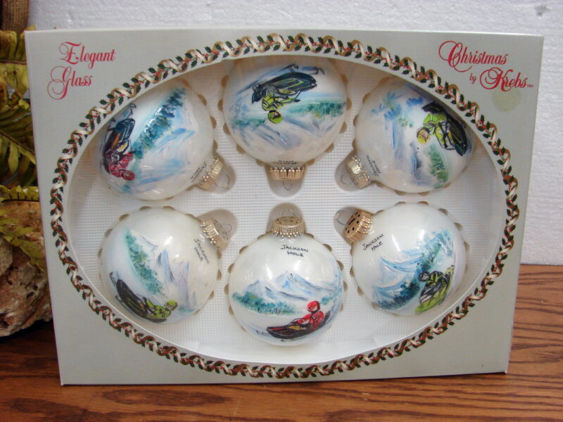 Vintage Bronner&#8217;s Hand Painted Krebs Snowmobile Jackson Hole Christmas Ornaments, Moose-R-Us.Com Log Cabin Decor