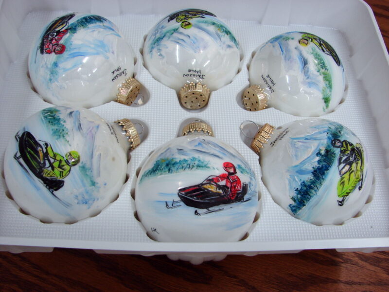 Vintage Bronner&#8217;s Hand Painted Krebs Snowmobile Jackson Hole Christmas Ornaments, Moose-R-Us.Com Log Cabin Decor