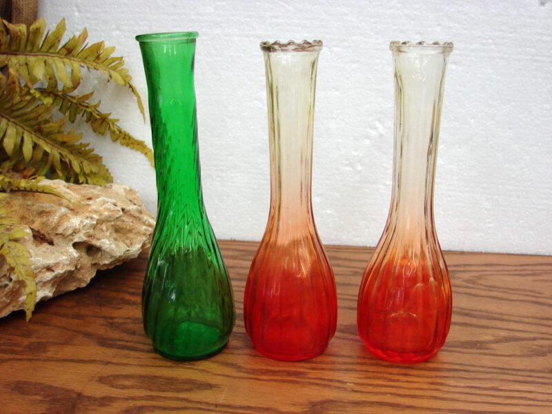 Set/3 Vintage Jeanette Hooser Glass 9&#8243; Long Stem Bud Vases Amberina Emerald, Moose-R-Us.Com Log Cabin Decor