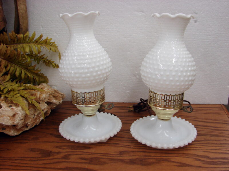 Set/2 Vintage Boudoir Milk Glass Hobnail Lamps w/ Shades Tested, Moose-R-Us.Com Log Cabin Decor