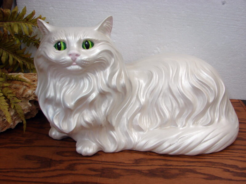 Vintage Life Size Ceramic Persian White Cat Green Eyes, Moose-R-Us.Com Log Cabin Decor