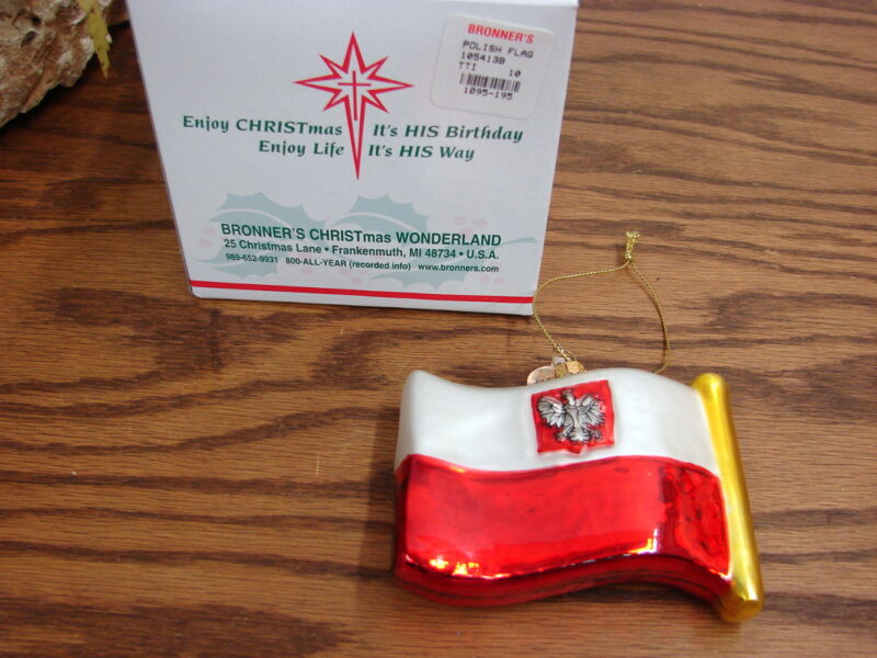 Vintage Bronner&#8217;s Blown Glass Christmas Ornament Poland Flag, Moose-R-Us.Com Log Cabin Decor