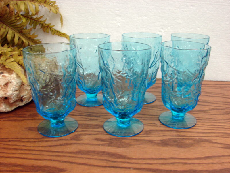 Vintage 6 pc Set Seneca Driftwood Peacock Blue Royal Morgantown Crinkle Footed Glasses, Moose-R-Us.Com Log Cabin Decor