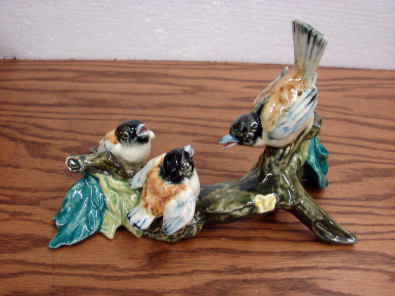 Vintage Early Stangl Majolica 3 Chickadee Birds on Branch Figurine, Moose-R-Us.Com Log Cabin Decor