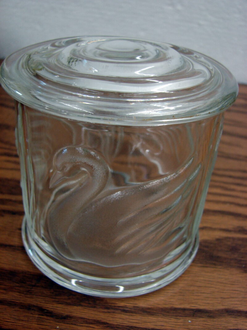 Vintage Frosted Clear Glass Gloria Vanderbilt Swan Cattails Embossed Lidded Jar, Moose-R-Us.Com Log Cabin Decor