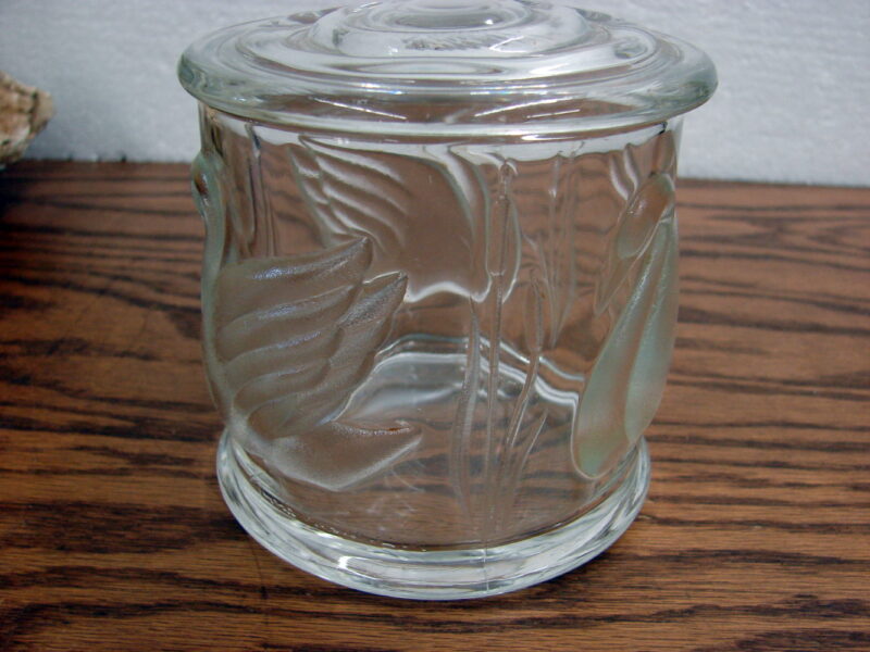 Vintage Frosted Clear Glass Gloria Vanderbilt Swan Cattails Embossed Lidded Jar, Moose-R-Us.Com Log Cabin Decor