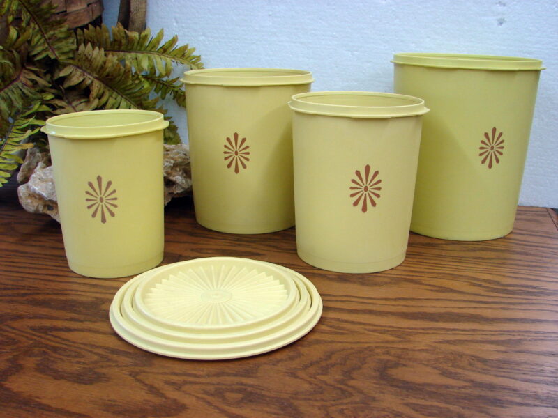 Vintage Tupperware Set/4 Canister Set Dusty Yellow w/ 3 Lids, Moose-R-Us.Com Log Cabin Decor