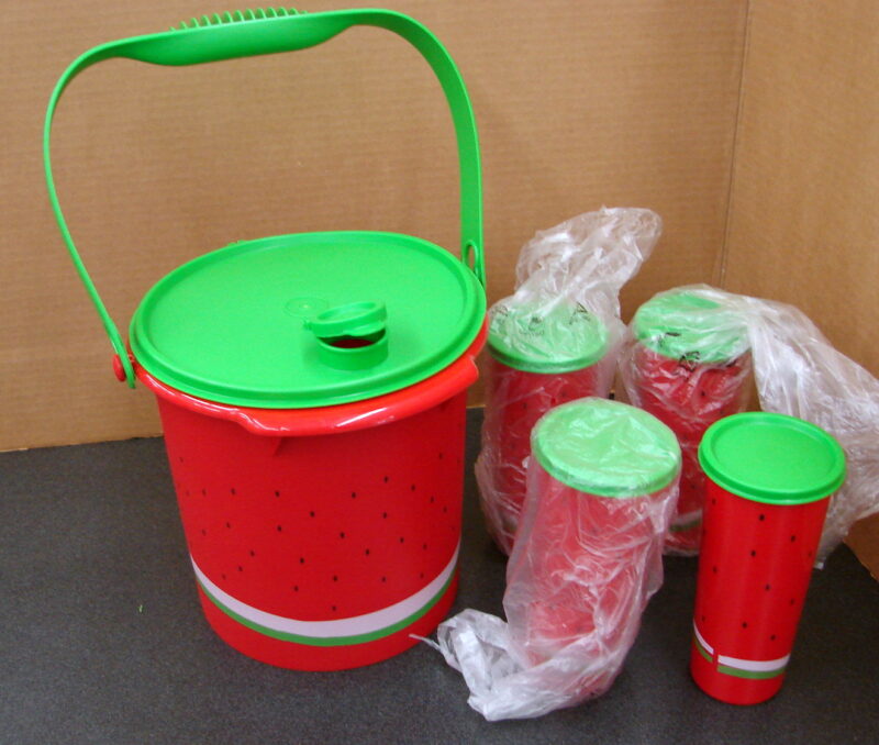 NOS Tupperware Watermelon #4653 Bucket and Lidded Glass #5107 Set, Moose-R-Us.Com Log Cabin Decor