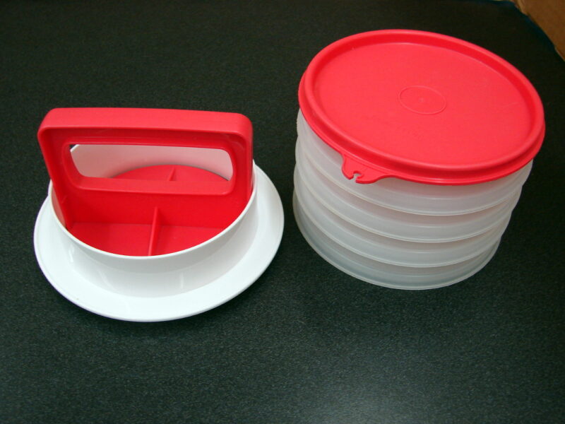 NOS Tupperware Watermelon Color Hamburger Press and 4 Keepers, Moose-R-Us.Com Log Cabin Decor