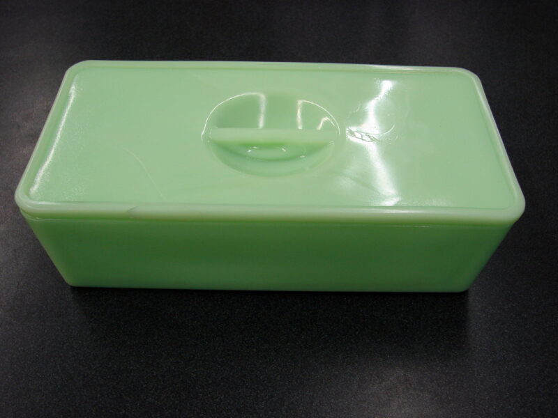 Vintage Green Jadeite Jeanette Glass Refrigerator Dish w/ Lid, Moose-R-Us.Com Log Cabin Decor