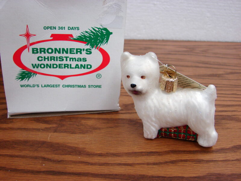 Vintage Bronner&#8217;s Blown Glass Christmas Ornament Westie Dog, Moose-R-Us.Com Log Cabin Decor