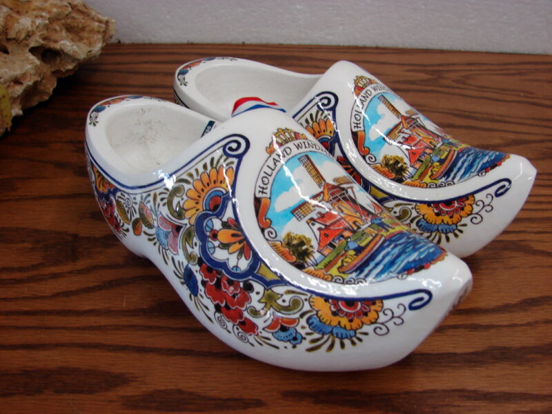 Vintage Made in Holland White Windmill Rosemaling Wood Clogs Dutch Wooden Shoes, Moose-R-Us.Com Log Cabin Decor