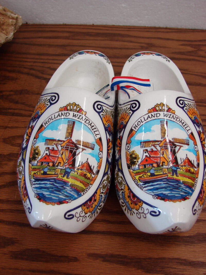 Vintage Made in Holland White Windmill Rosemaling Wood Clogs Dutch Wooden Shoes, Moose-R-Us.Com Log Cabin Decor