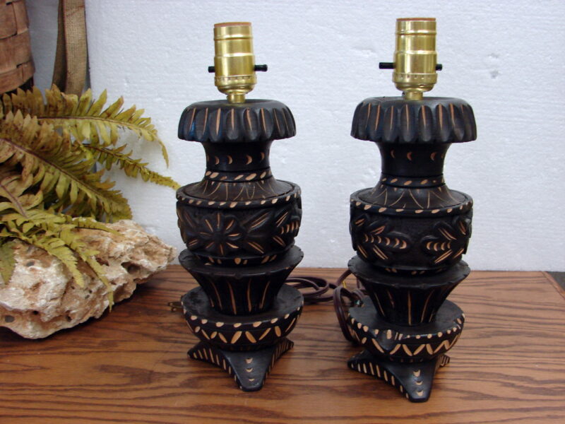 Set/2 Vintage Boudoir Wood Carved Etched Lamps Office Desk Student, Moose-R-Us.Com Log Cabin Decor