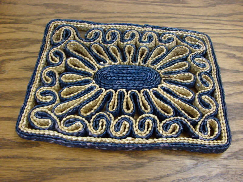 Vintage Raffia Woven Straw Trivet Hot Pad Navy Tan Boho, Moose-R-Us.Com Log Cabin Decor