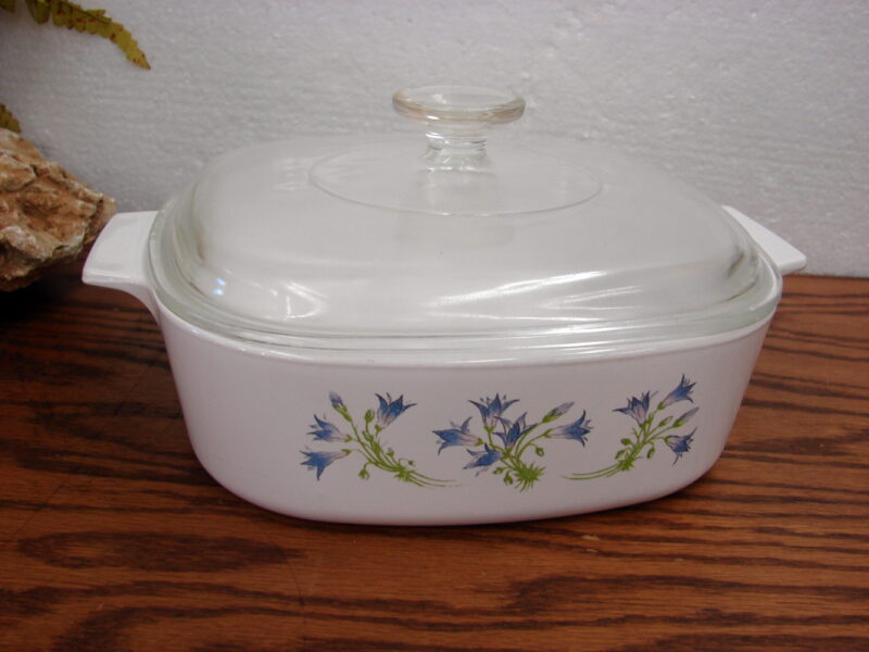 Corning Ware Blue Dusk Bell Flower Casserole 2 Quart w/ Lid, Moose-R-Us.Com Log Cabin Decor