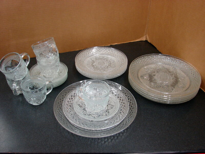 Vintage 24 pc Cris D’Arques Durand Luminarc Glass Dinnerware French Lace, Moose-R-Us.Com Log Cabin Decor