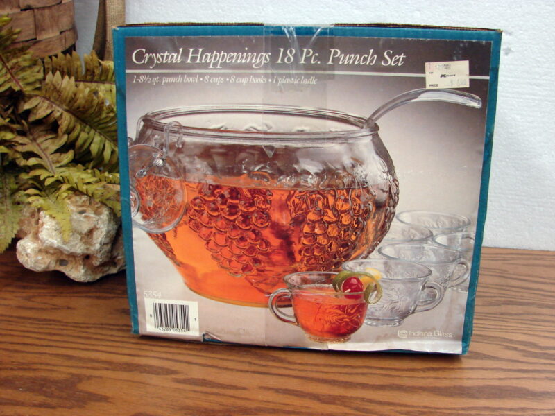 Vintage Crystal Happenings Grapes 18 pc Punch Set by Indiana Glass NIB, Moose-R-Us.Com Log Cabin Decor