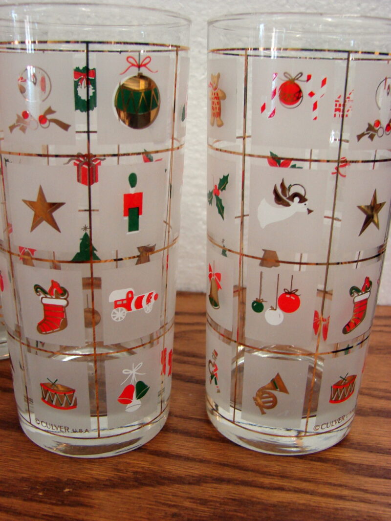 Set/8 Vintage Culver Christmas Potpourri Highball Tumbler Bar Glasses 22K gold, Moose-R-Us.Com Log Cabin Decor