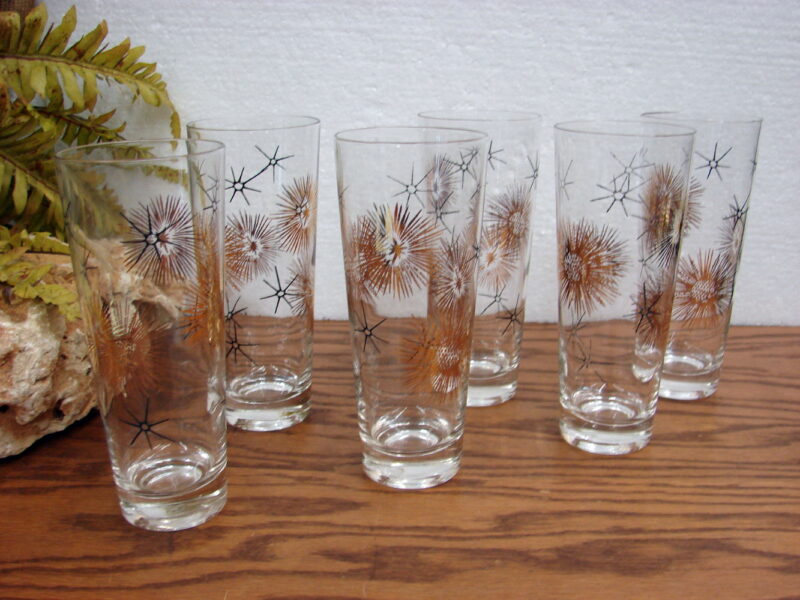 Set/6 Vintage Federal Glass Co. Gold Black Atomic Starburst 7&#8243; Glasses, Moose-R-Us.Com Log Cabin Decor