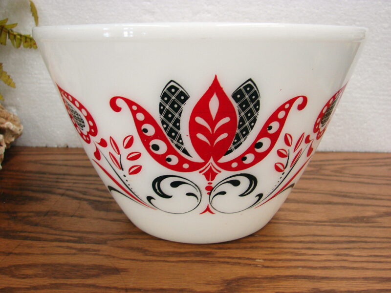 Vintage Fire King Milk Glass Red Black Modern Tulip 9 1/2&#8243; Tapered Mixing Bowl, Moose-R-Us.Com Log Cabin Decor