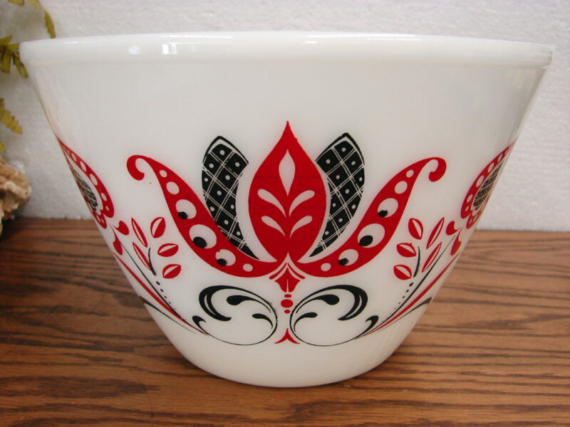 Vintage Fire King Milk Glass Red Black Modern Tulip 9 1/2&#8243; Tapered Mixing Bowl, Moose-R-Us.Com Log Cabin Decor