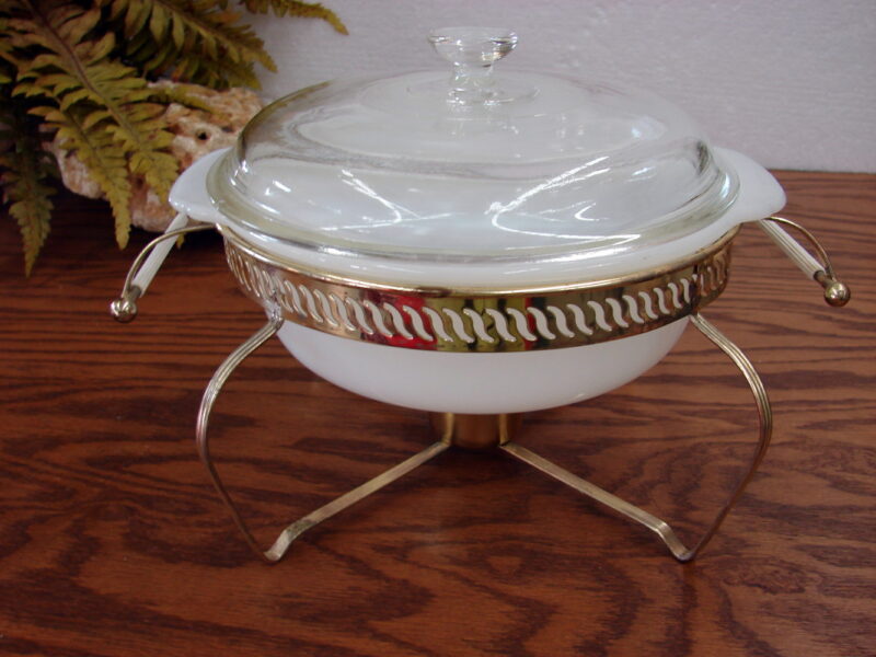 Vintage Fire King Milk Glass Casserole with Space Ship Carrier Rack Stand, Moose-R-Us.Com Log Cabin Decor