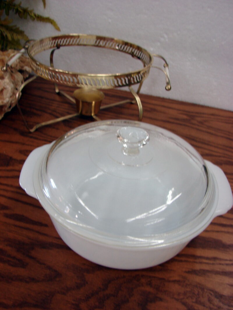 Vintage Fire King Milk Glass Casserole with Space Ship Carrier Rack Stand, Moose-R-Us.Com Log Cabin Decor