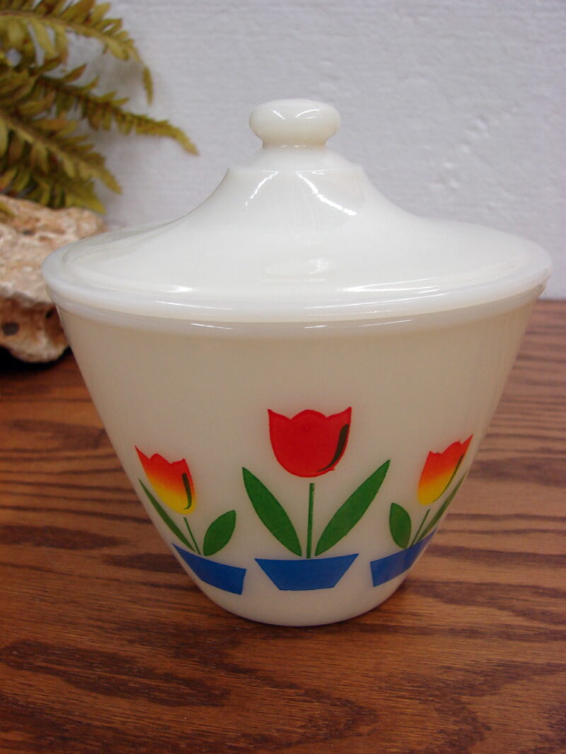 Vintage Fire King Ivory Tulip Grease Jar Oven Ware w/ Lid, Moose-R-Us.Com Log Cabin Decor