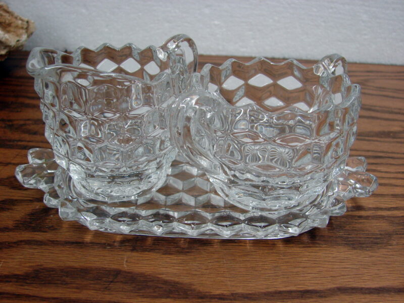 Vintage Cubist Fostoria American Clear Cubist Creamer Sugar on Tray, Moose-R-Us.Com Log Cabin Decor