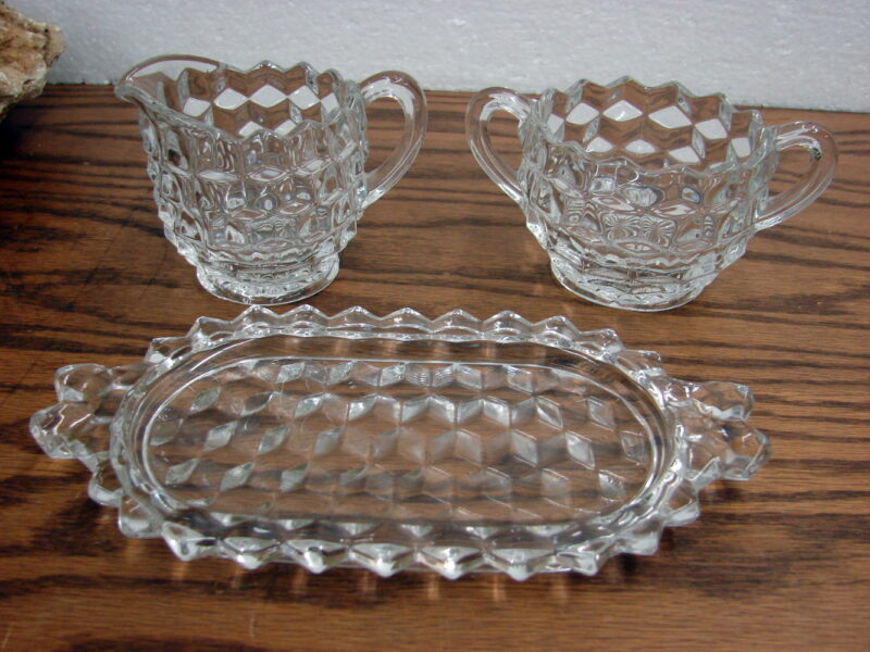 Vintage Cubist Fostoria American Clear Cubist Creamer Sugar on Tray, Moose-R-Us.Com Log Cabin Decor