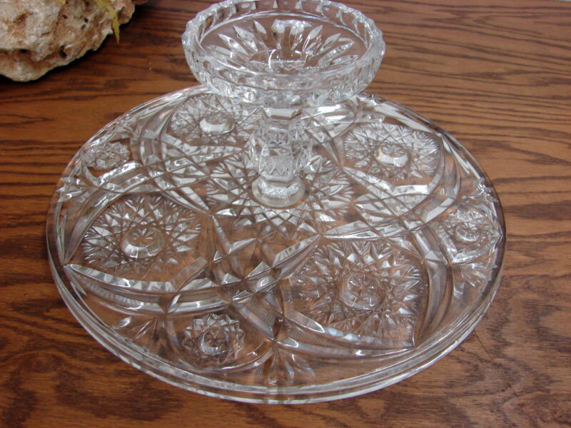 Vintage Heavy Crystal Pressed Glass Horseshoe Star Burst Pedestal Cake Stand, Moose-R-Us.Com Log Cabin Decor