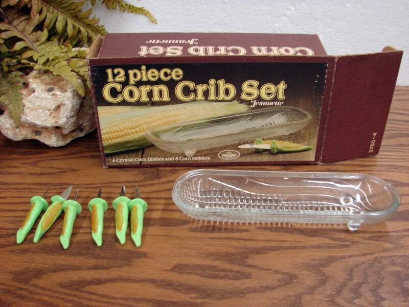 Vintage Jeanette Glass 12 Pc Corn Crib Set w/ Corn on the Cob Holders in Box, Moose-R-Us.Com Log Cabin Decor