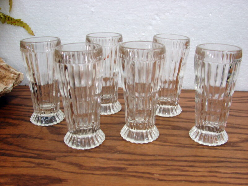 Vintage Jeanette Glass Clear Ribbed Soda Fountain Parfait Juice Glasses 4 1/2&#8243; Set/6, Moose-R-Us.Com Log Cabin Decor