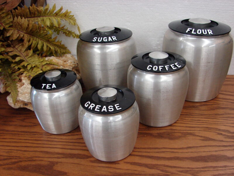 Vintage 1950&#8217;s Kromex 5 Canister Spun Aluminum Flour Sugar Coffee Tea Grease Retro Kitchen, Moose-R-Us.Com Log Cabin Decor