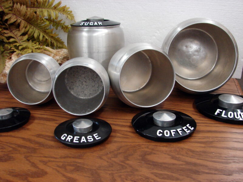 Vintage 1950&#8217;s Kromex 5 Canister Spun Aluminum Flour Sugar Coffee Tea Grease Retro Kitchen, Moose-R-Us.Com Log Cabin Decor