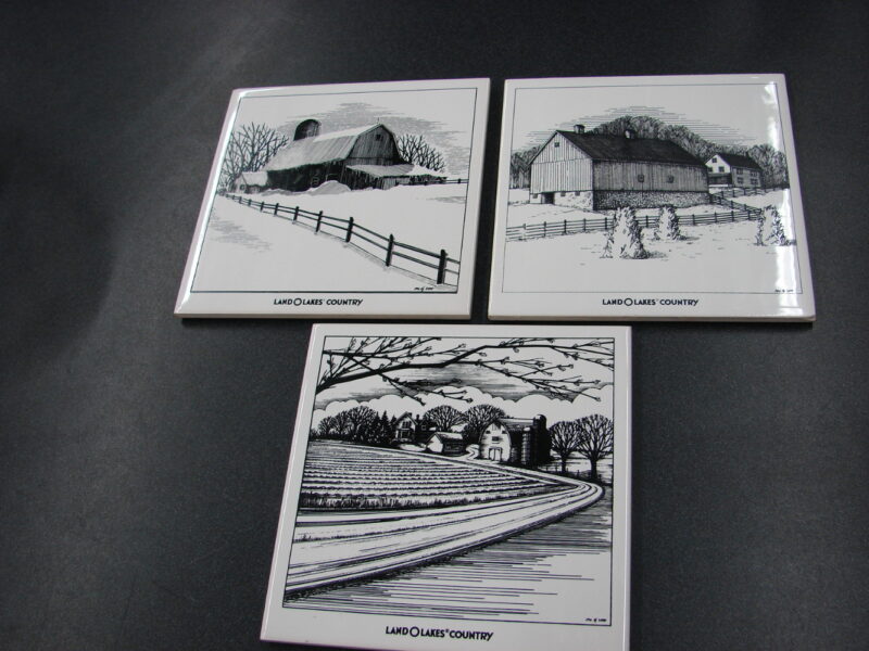 Set/3 Vintage Land O Lakes Black White 6&#8243; Tiles Farm Barn Yard, Moose-R-Us.Com Log Cabin Decor