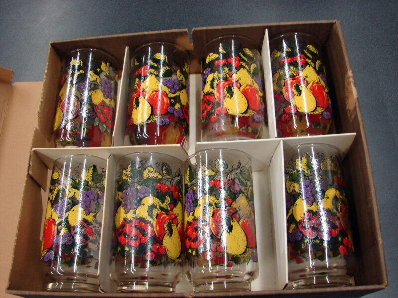 Vintage Libbey Glass Harvest Fruit Filled Tumbler in Original Box Set/8, Moose-R-Us.Com Log Cabin Decor